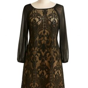 Adrianna Papell Black and Gold Lace Long Sleeve Midi Dress